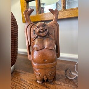 Vintage Mid-Century Carved Wooden Laughing Buddha